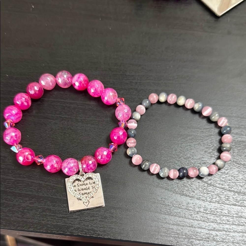 Pink and Gray Beaded Bracelets Set